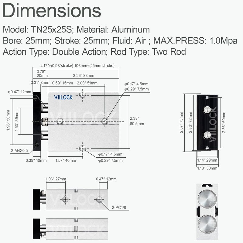 VIILOCK Pneumatic Air Cylinder 25mm Bore 25mm Stroke, Small Air Cylinder Double Rod Double Action TN25x25 - Image 5